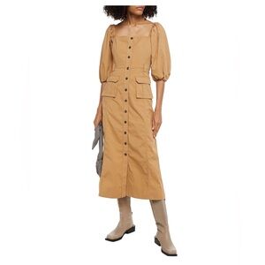 Ganni Ripstop Chino Puff Sleeve Midi Dress - Khaki
